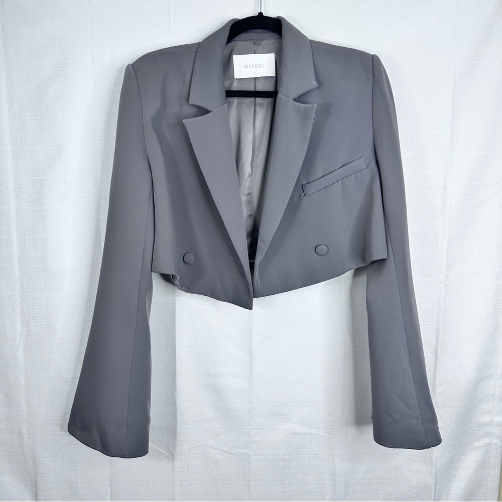Meshki Luella flared sleeve cropped blazer neutral minimalist office siren grey